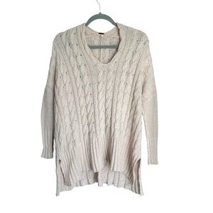 Free People Peach Cable Knit Cotton Sweater XS Chunky Fisherman High Low Boho